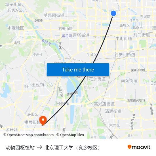 动物园枢纽站 to 北京理工大学（良乡校区） map