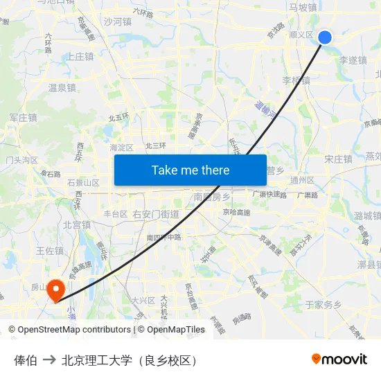 俸伯 to 北京理工大学（良乡校区） map
