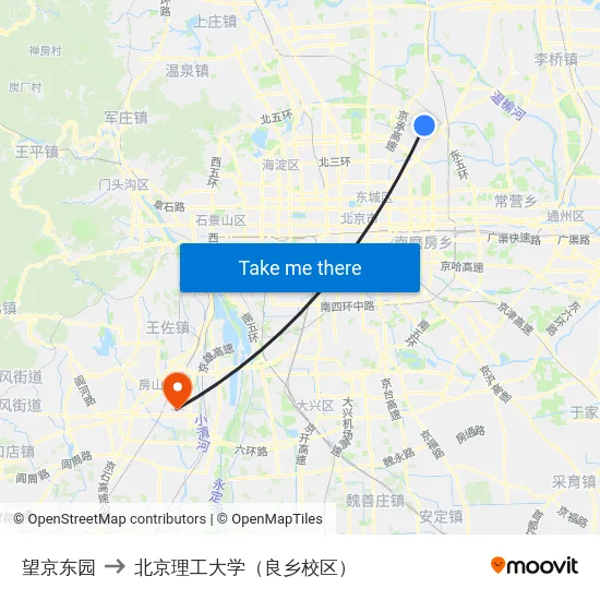 望京东园 to 北京理工大学（良乡校区） map