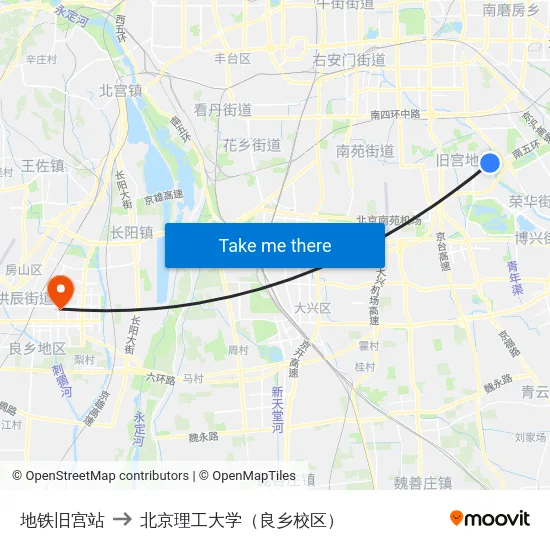 地铁旧宫站 to 北京理工大学（良乡校区） map