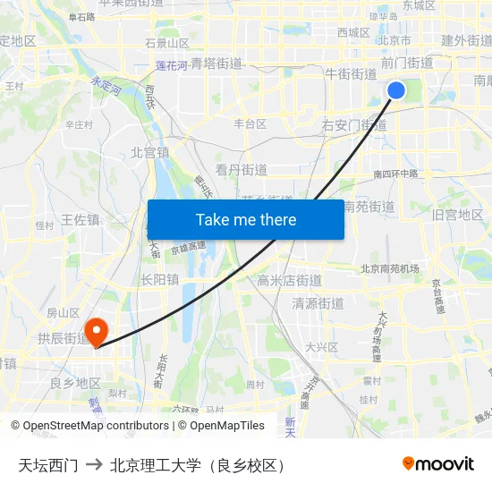 天坛西门 to 北京理工大学（良乡校区） map
