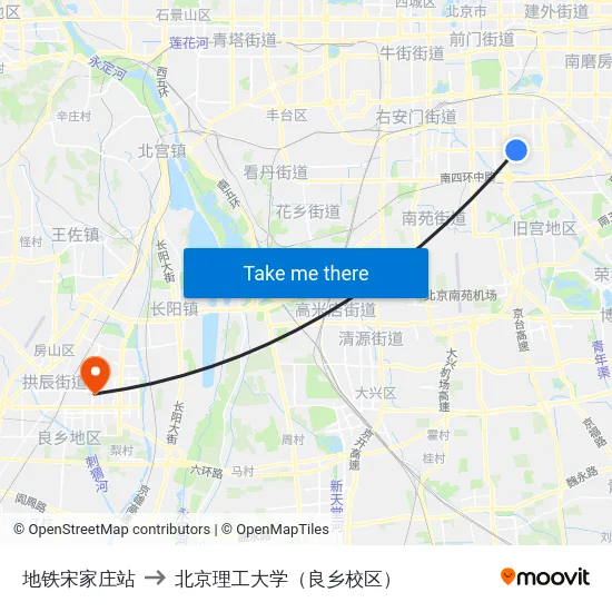 地铁宋家庄站 to 北京理工大学（良乡校区） map