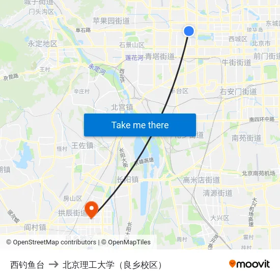 西钓鱼台 to 北京理工大学（良乡校区） map