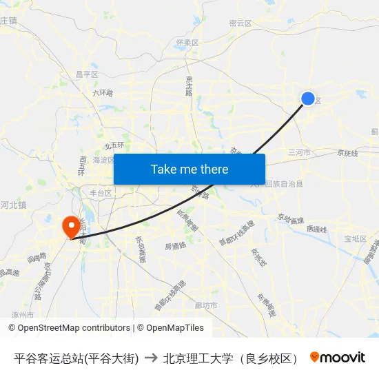 平谷客运总站(平谷大街) to 北京理工大学（良乡校区） map