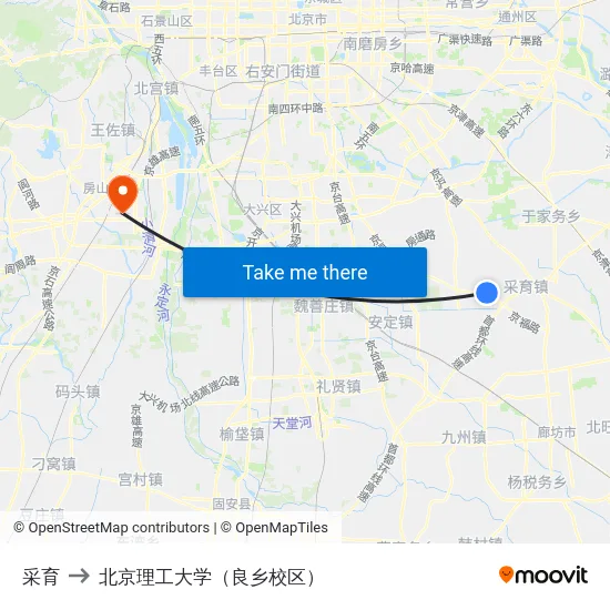 采育 to 北京理工大学（良乡校区） map