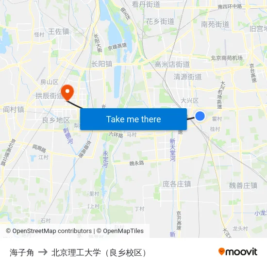 海子角 to 北京理工大学（良乡校区） map