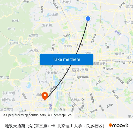 地铁天通苑北站(东三旗) to 北京理工大学（良乡校区） map