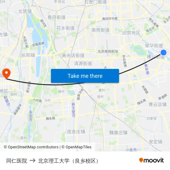 同仁医院 to 北京理工大学（良乡校区） map