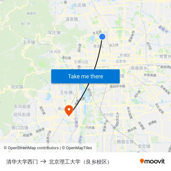 清华大学西门 to 北京理工大学（良乡校区） map