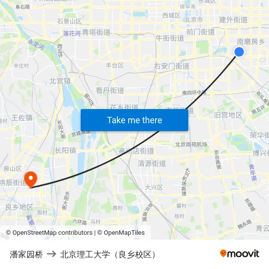 潘家园桥 to 北京理工大学（良乡校区） map