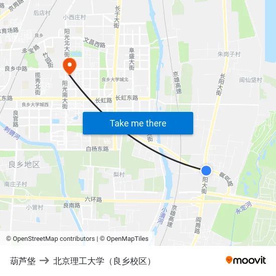 葫芦垡 to 北京理工大学（良乡校区） map