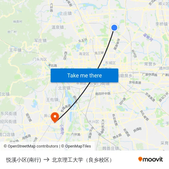 悦溪小区(南行) to 北京理工大学（良乡校区） map
