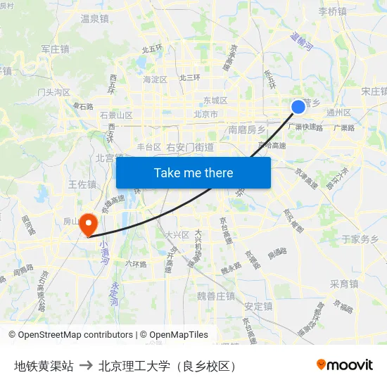 地铁黄渠站 to 北京理工大学（良乡校区） map