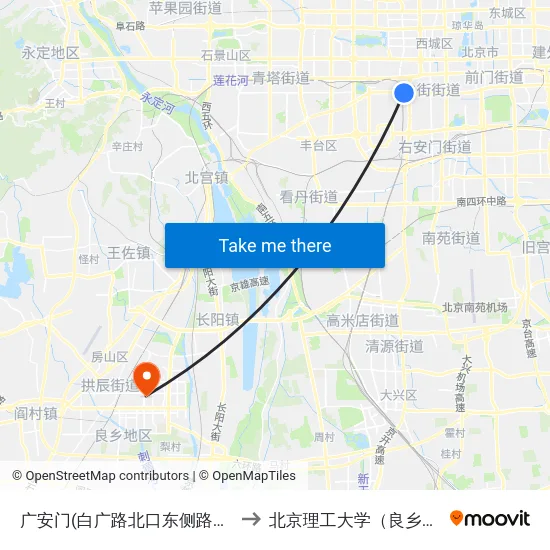 广安门(白广路北口东侧路南50米) to 北京理工大学（良乡校区） map