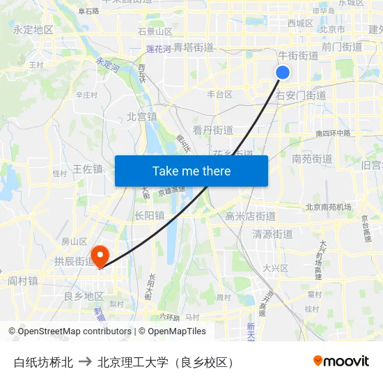 白纸坊桥北 to 北京理工大学（良乡校区） map