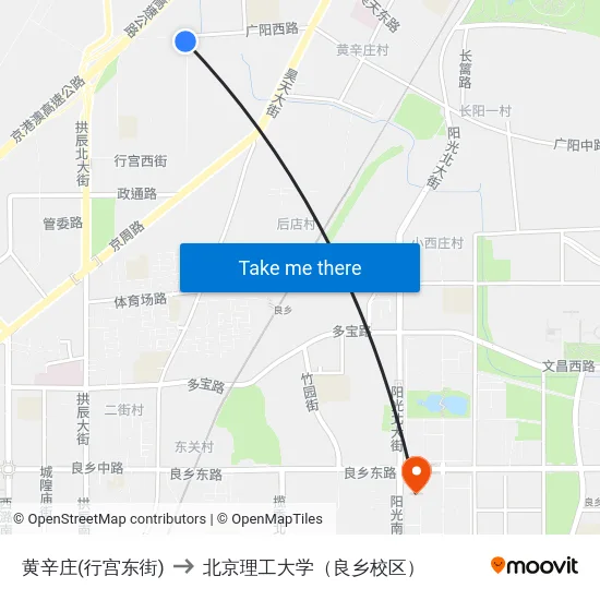 黄辛庄(行宫东街) to 北京理工大学（良乡校区） map
