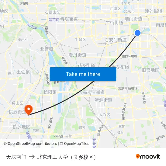 天坛南门 to 北京理工大学（良乡校区） map