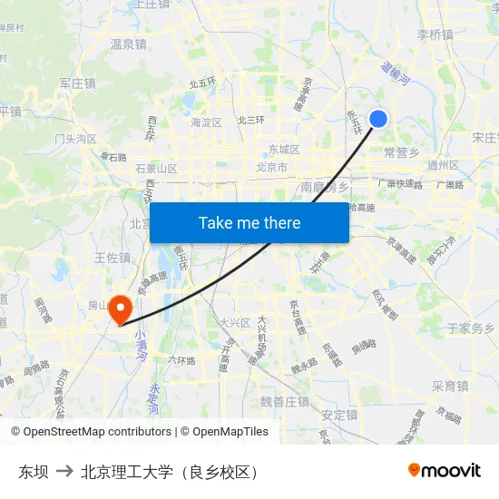 东坝 to 北京理工大学（良乡校区） map