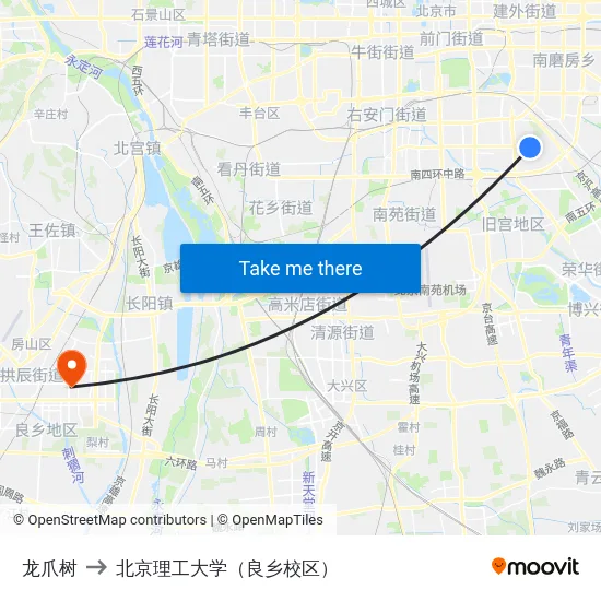龙爪树 to 北京理工大学（良乡校区） map