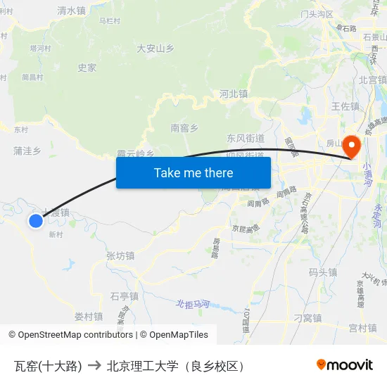 瓦窑(十大路) to 北京理工大学（良乡校区） map