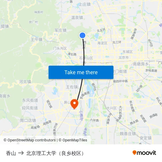香山 to 北京理工大学（良乡校区） map