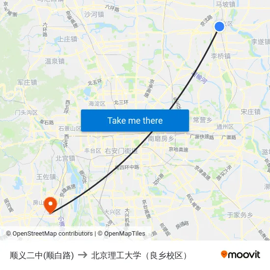 顺义二中(顺白路) to 北京理工大学（良乡校区） map