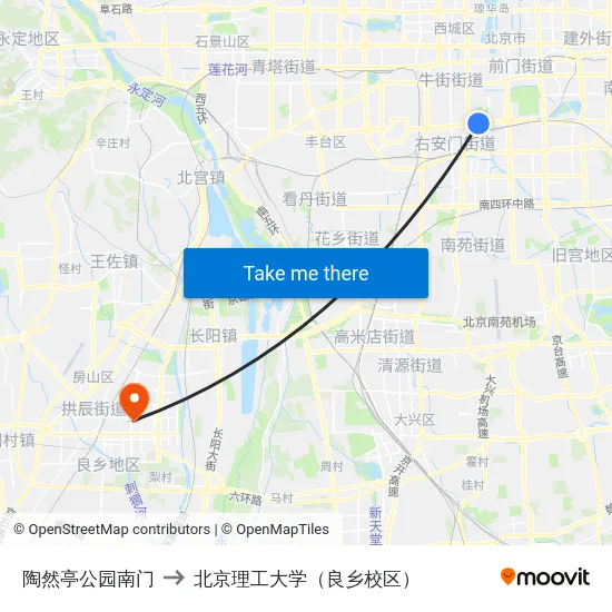 陶然亭公园南门 to 北京理工大学（良乡校区） map