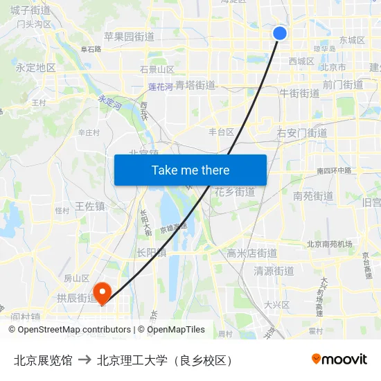 北京展览馆 to 北京理工大学（良乡校区） map