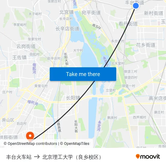 丰台火车站 to 北京理工大学（良乡校区） map