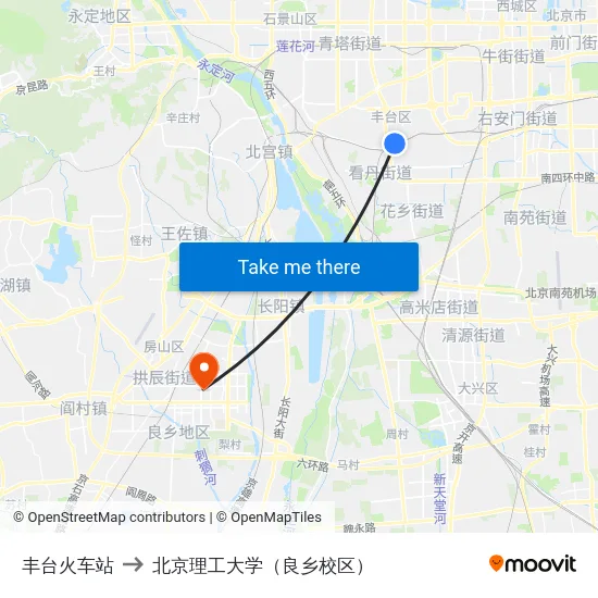 丰台火车站 to 北京理工大学（良乡校区） map