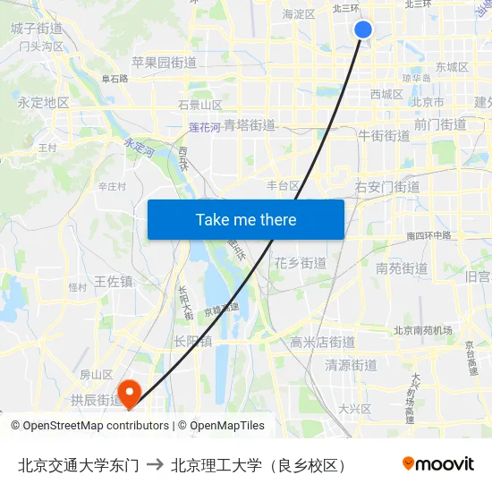 北京交通大学东门 to 北京理工大学（良乡校区） map