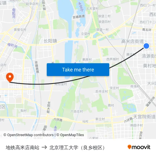 地铁高米店南站 to 北京理工大学（良乡校区） map