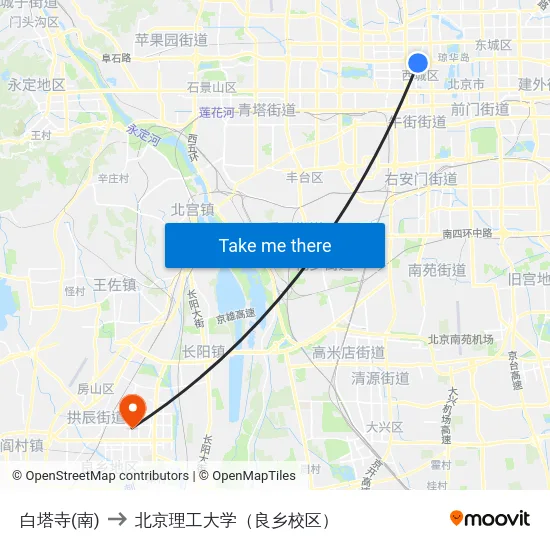 白塔寺(南) to 北京理工大学（良乡校区） map