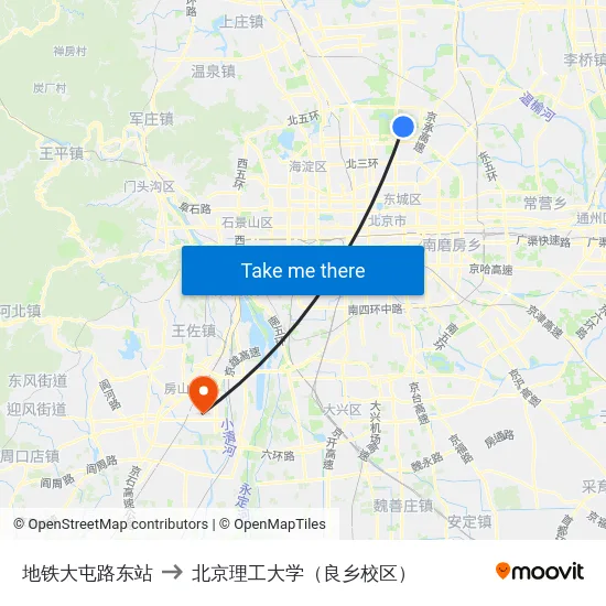 地铁大屯路东站 to 北京理工大学（良乡校区） map