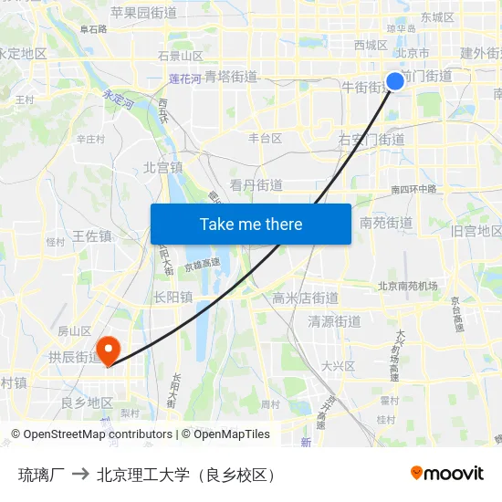琉璃厂 to 北京理工大学（良乡校区） map