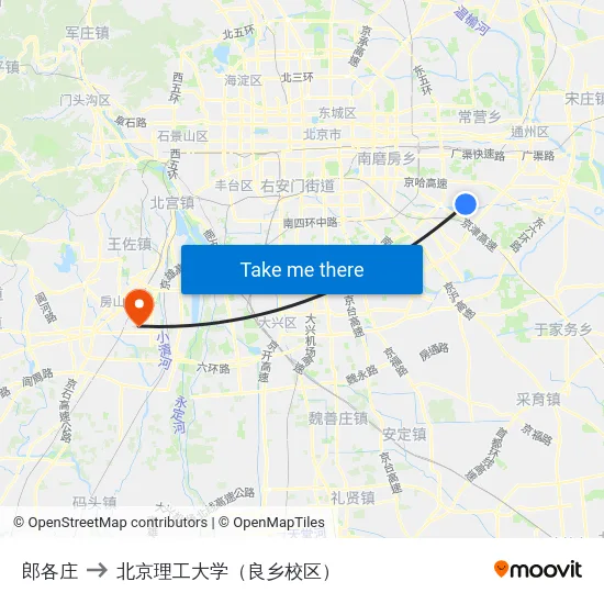 郎各庄 to 北京理工大学（良乡校区） map