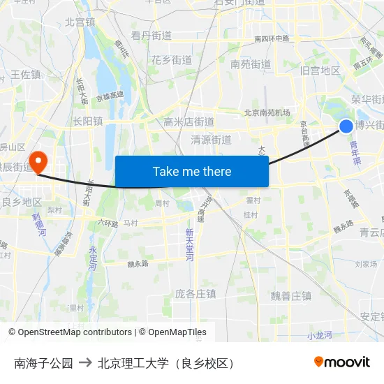 南海子公园 to 北京理工大学（良乡校区） map
