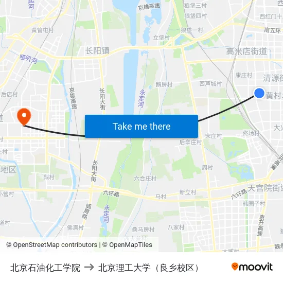 北京石油化工学院 to 北京理工大学（良乡校区） map