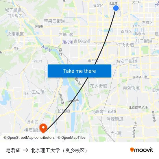皂君庙 to 北京理工大学（良乡校区） map