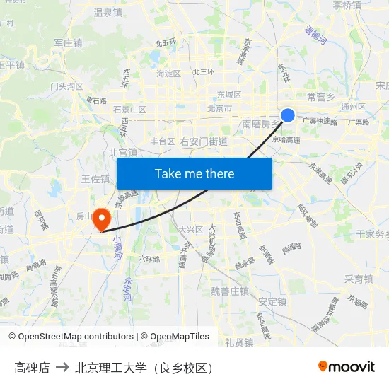 高碑店 to 北京理工大学（良乡校区） map