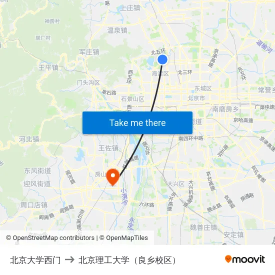 北京大学西门 to 北京理工大学（良乡校区） map