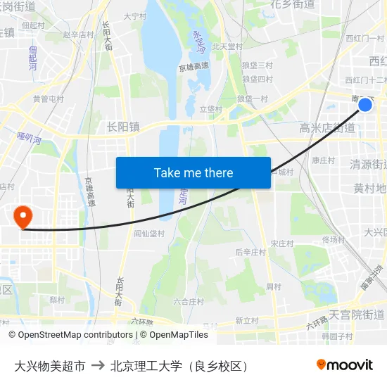 大兴物美超市 to 北京理工大学（良乡校区） map