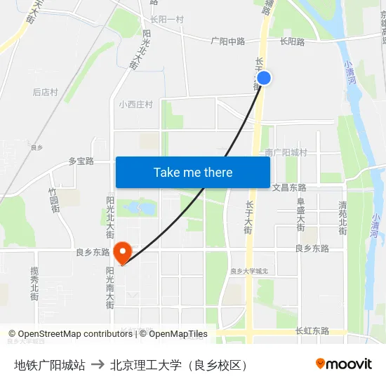 地铁广阳城站 to 北京理工大学（良乡校区） map