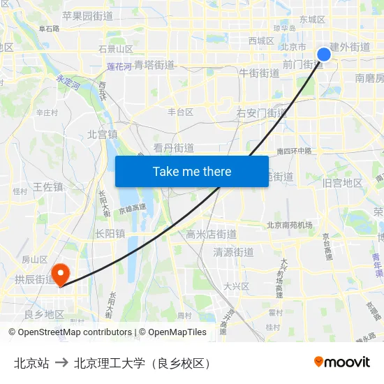 北京站 to 北京理工大学（良乡校区） map