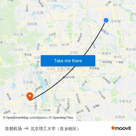 首都机场 to 北京理工大学（良乡校区） map