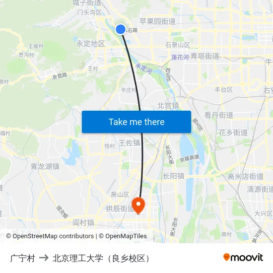 广宁村 to 北京理工大学（良乡校区） map