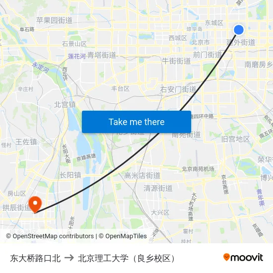 东大桥路口北 to 北京理工大学（良乡校区） map