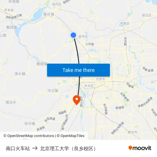南口火车站 to 北京理工大学（良乡校区） map
