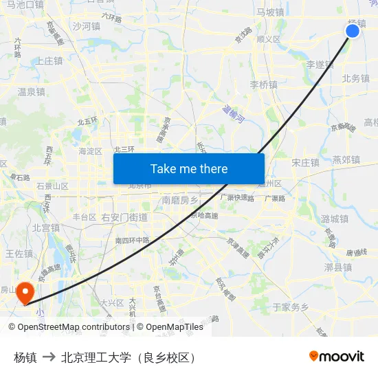 杨镇 to 北京理工大学（良乡校区） map