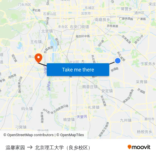 温馨家园 to 北京理工大学（良乡校区） map
